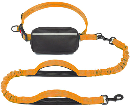 Freehound Signature hands-free leash in Orange with black zip pouch