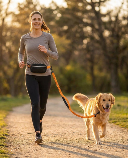 Woman jogging hands-free with golden retriever on the Freehound Signature Leash in orange