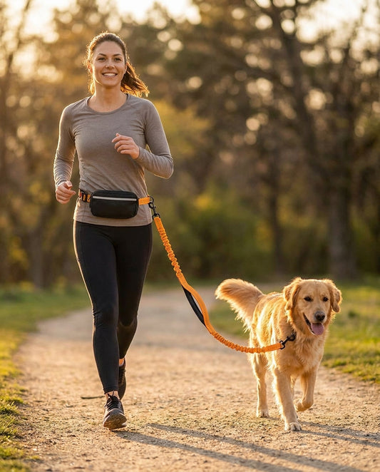 Woman jogging hands-free with golden retriever on the Freehound Signature Leash in orange