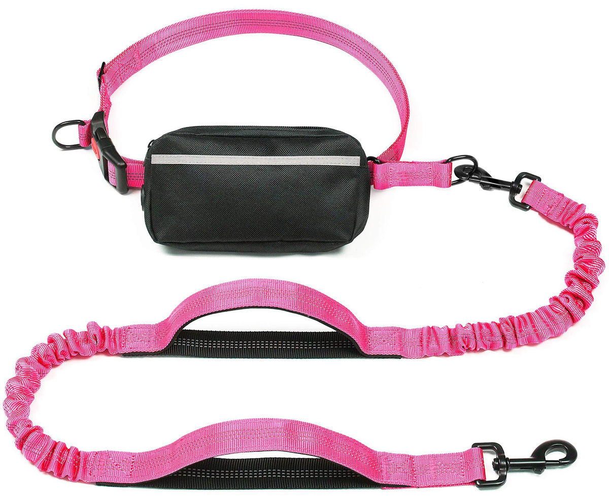 Freehound Signature hands-free leash in Pink with black zip pouch