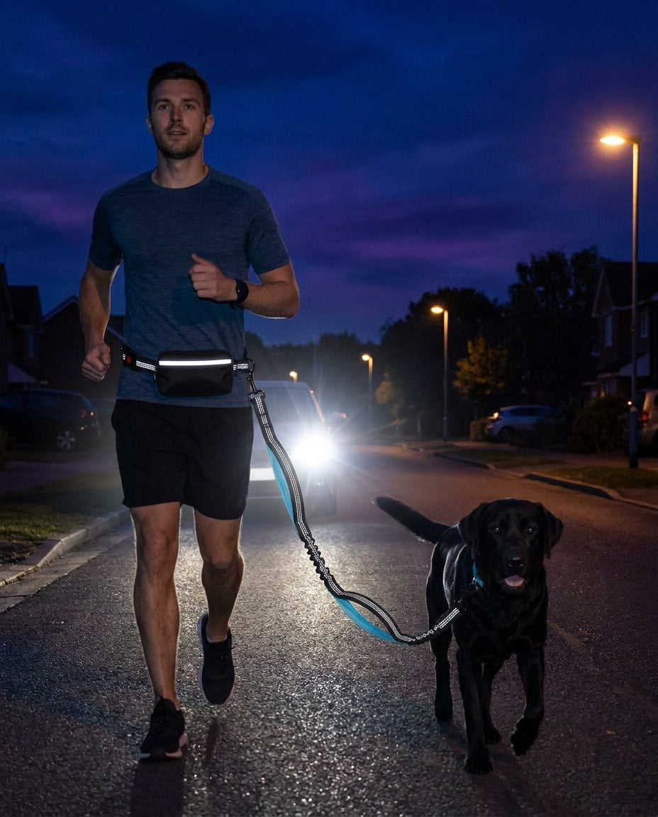 Reflective stitching on the Freehound Signature Leash glowing on a night run with a black Labrador