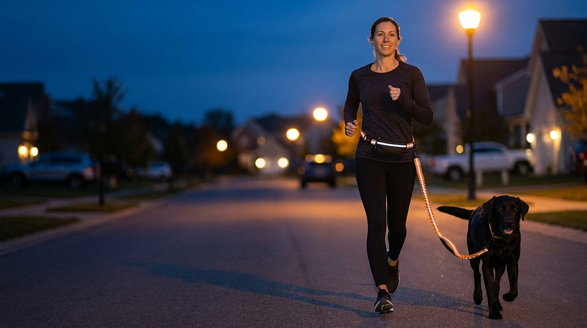 Evening jog with a black Labrador on the reflective Freehound Signature leash