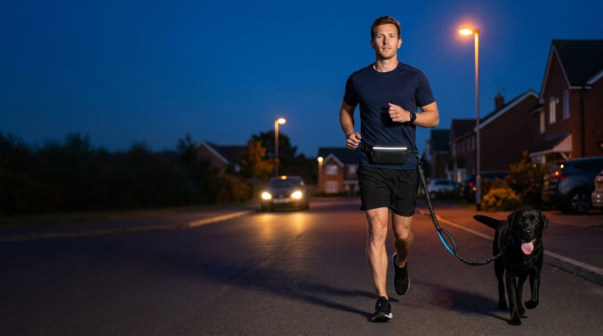 Man jogging at night with a black Labrador on the Freehound hands-free leash, reflective pouch glowing