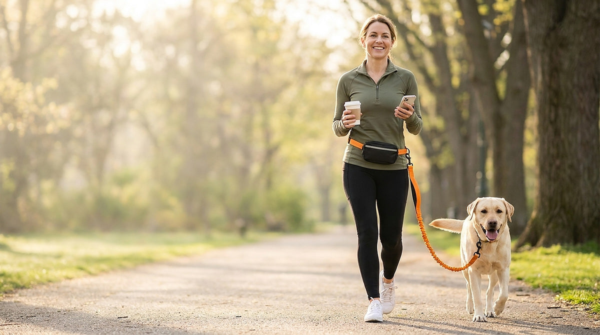 Woman walking hands free with coffee and phone while her Labrador trots beside her on the Freehound Signature leash