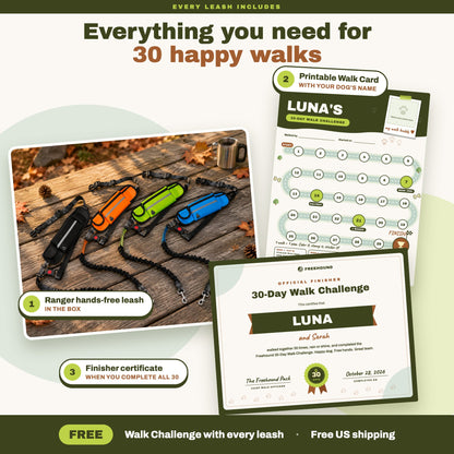 What's included with the Ranger: the hands-free leash, a printable 30-Day Walk Card with your dog's name, and a finisher certificate when you complete all 30 walks