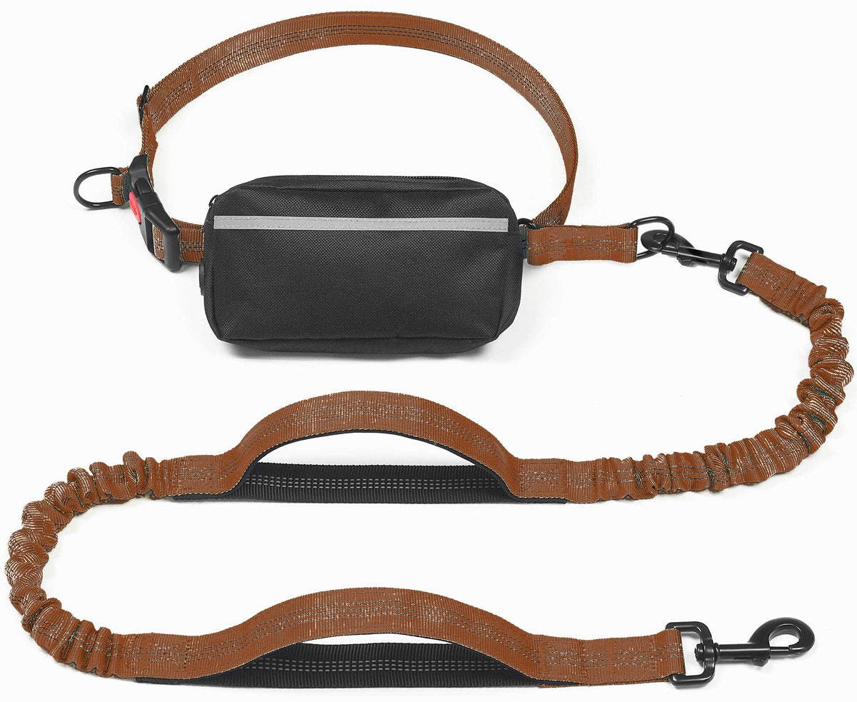 Freehound Signature hands-free leash in Brown with black zip pouch