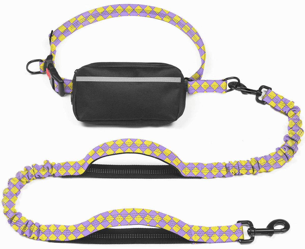 Freehound Signature hands-free leash in Purple-Yellow Mix diamond pattern with black zip pouch