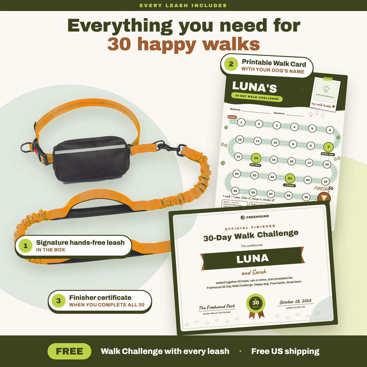 Every Freehound leash includes a printable Walk Card with your dog's name and a finisher certificate