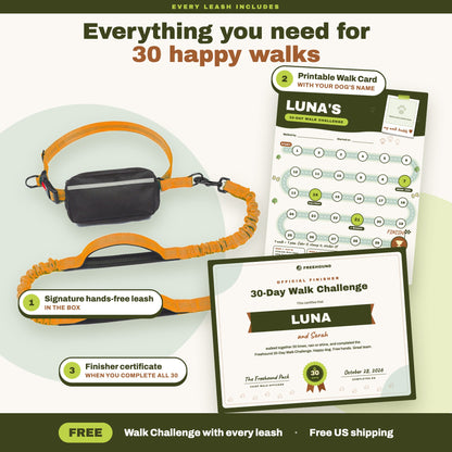What's included: the Signature hands-free leash, a printable 30-Day Walk Card with your dog's name, and a finisher certificate when you complete all 30 walks